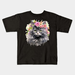 Persian Cat Flowers Water Color Cat Mom Mother's Day Gift Kids T-Shirt